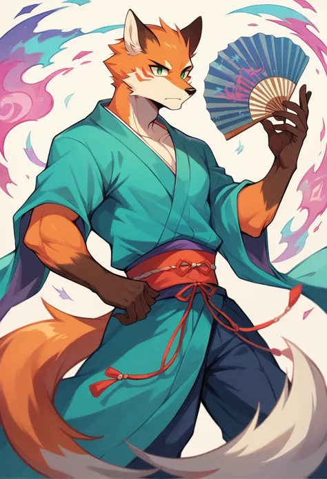 ((best quality)) ((masterpiece)) portrait, green eyes, floating, magic, sorcerer, fan, fitness ginger fox, zen expression, anthro, kawai, high detail, vibrant, fantasy city, japanese clothes, male, 8k