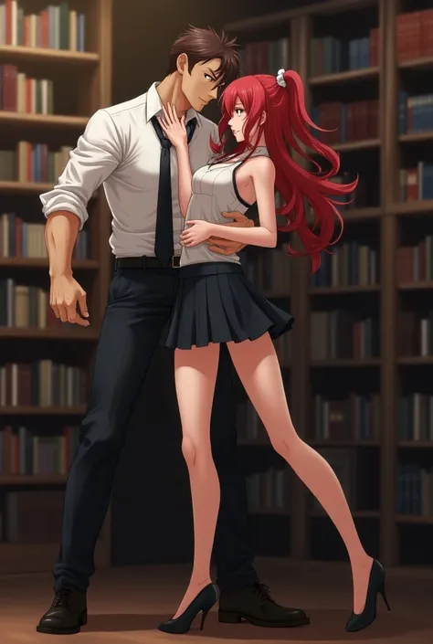 Anime style Sexy red-haired student ,  being raped by a tall, strong man in a library