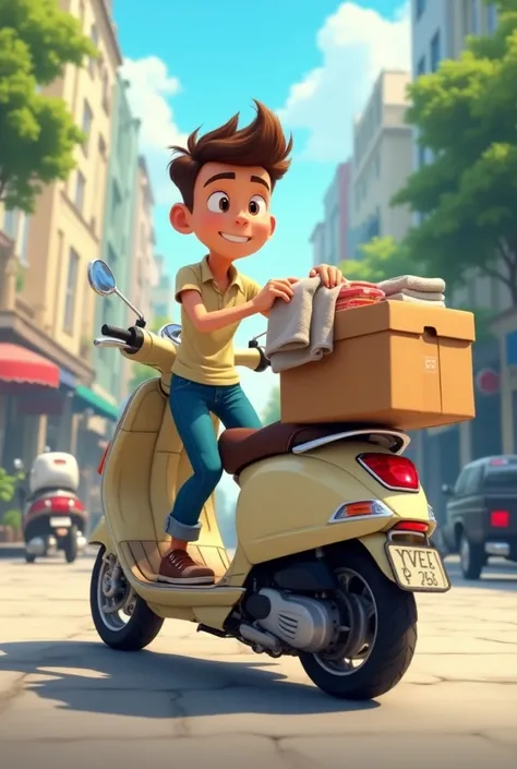 A young man fold the towel and delivery a things in a scooter in animation give this gif 