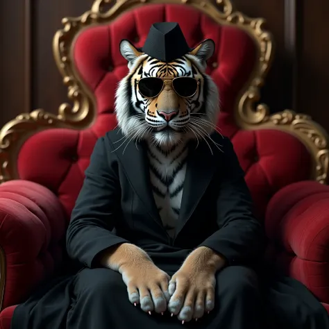 photorealism:1.2), a  ash tiger wearing sunglasses and muslim cap and long black dress, and badass looking, sitting on royal sofa, red colour, 8k realistic image