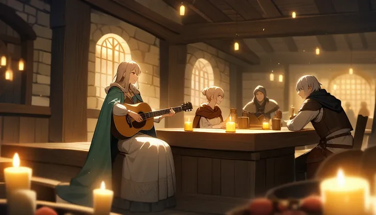 A serene medieval fantasy scene inside a warmly lit tavern, where a female bard with long, light-colored hair is playing a guitar. She is wearing a flowing white dress with a cloak draped over her shoulders, adorned with golden decorations. The atmosphere ...