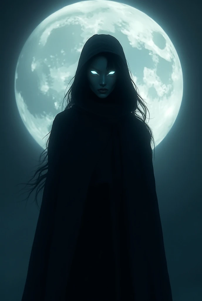 A lady moon knight. A moon behind her. Her face covered with darkness. And her eyes are lighting. 