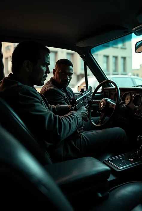 Super detailed high contrast greis gossman style photograph of a gangster car inside the car there is one driving and one in the passenger seat shooting with a submachine gun 