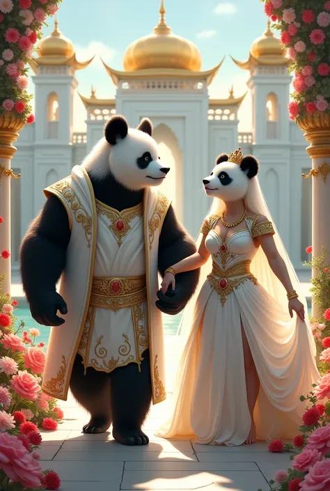 Two pandas, one male and one female, are depicted walking together. The male panda has an exceptionally strong build, with pronounced muscles that showcase his incredible strength. He wears a striking royal outfit in pure white, tailored to highlight his m...