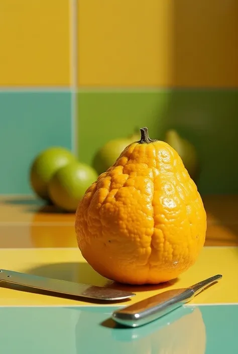 An Ugli fruit with its bumpy and rough orange-green skin, sitting next to a glossy citrus knife on a colorful kitchen counter.