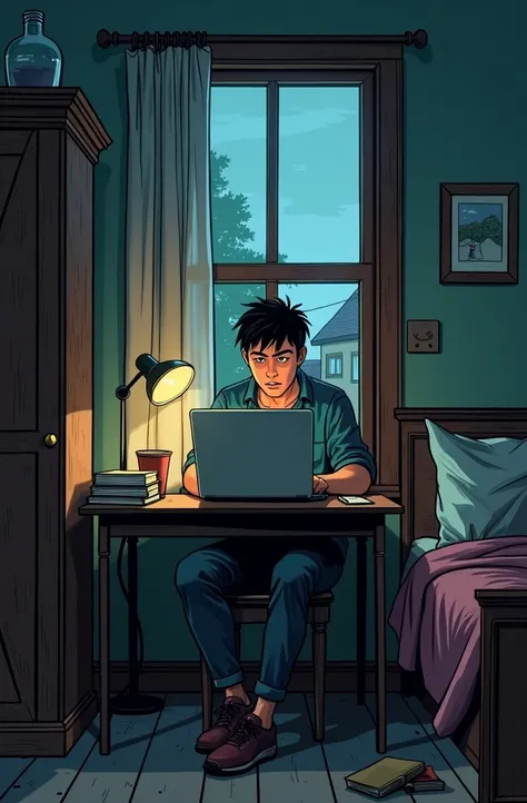 Rian sits in a small, modest room, illuminated by the glow of his laptop screen. His face shows determination as he types job applications. The room is simple, with a wooden bed, an old wardrobe, and a few books scattered on the desk. A window shows a tran...