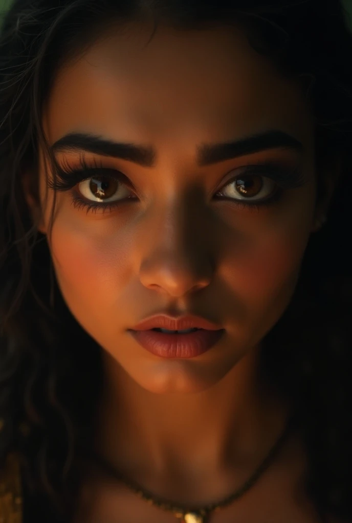 Ultra HD image of "A close-up of princess Swarna’s face, showing her contemplative expression. Her eyes reflect both fear and determination as she weighs her options."