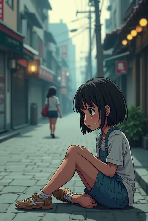 Girl crying on the street alone from afar you can see a lady or teacher in comic style 