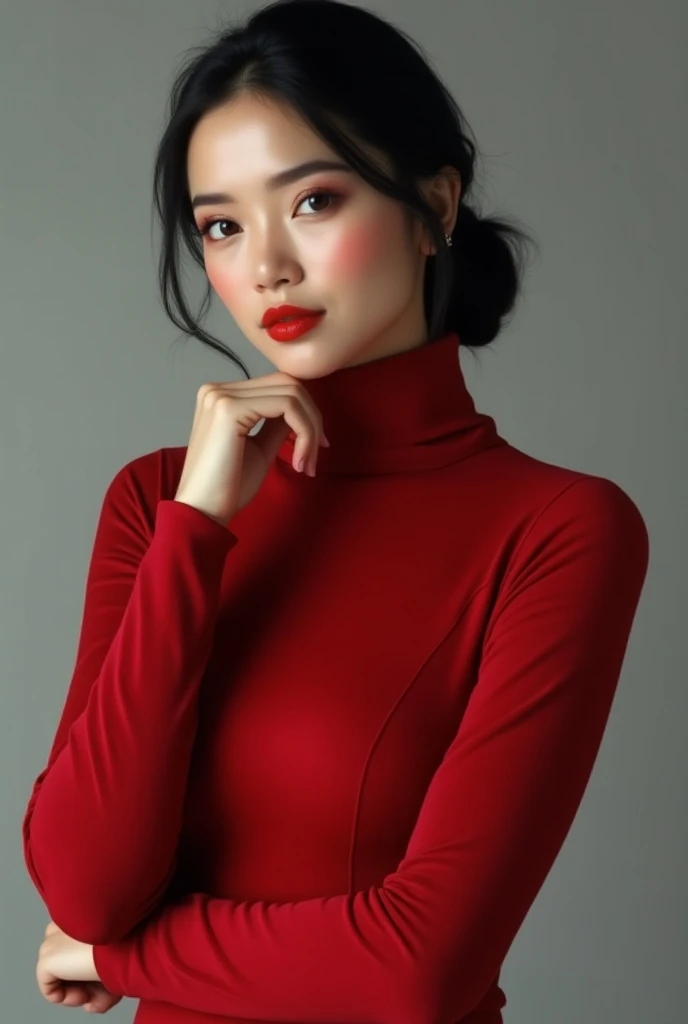 Create a realistic profile picture of a beautiful woman with dark hair and eyes. She is wearing a red high-neck midi dress with long sleeves, styled with an elegant and minimalist bun. The background is gray, and the image should capture her well-defined h...