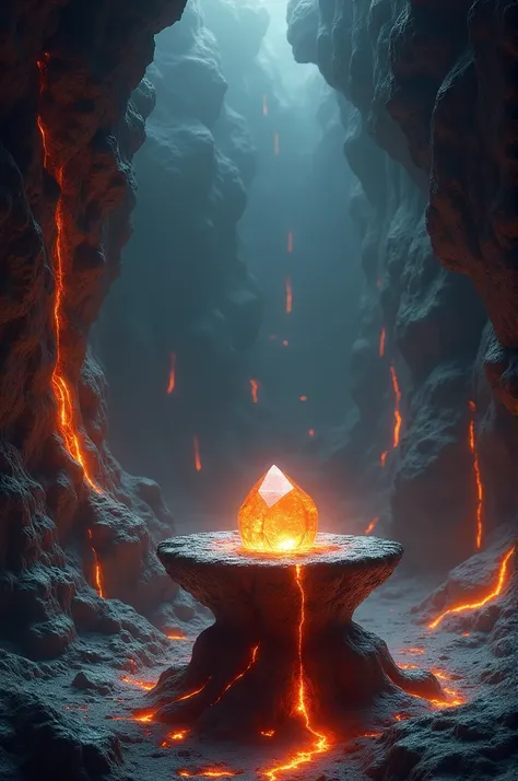 Inside a cave with lava and in the center there is a natural pedestal with a precious stone 