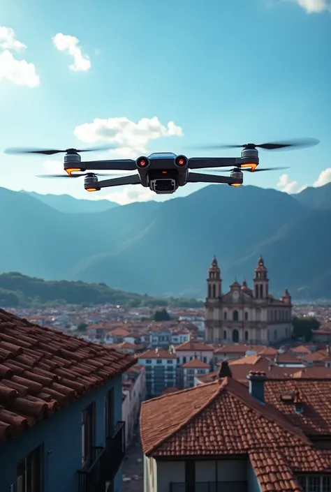 Imagine a drone with a futuristic design ,  with LED lights and an aerodynamic body ,  crossing the blue sky over the city of Cusco . below,  you can see the red tile roofs of colonial houses ,  against the impressive backdrop of the Andean mountains . On ...