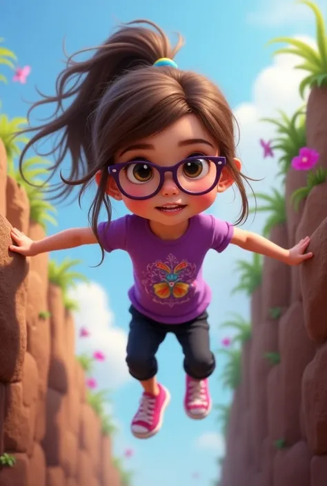 Image d’une jolie petite fille de 4 ans style Disney Pixar. Elle a les yeux marrons et porte de fines lunettes violettes foncees. Elle a de long cheveux bruns ondules coiffes en queue-de-cheval. Elle porte un T-shirt violet avec un beau dessin dessus, des ...