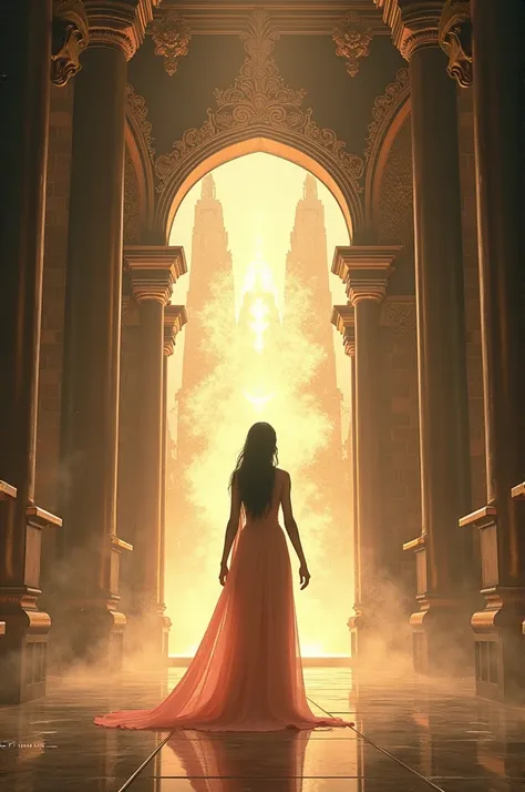 Ultra HD image of "princess Swarna nodding resolutely, deciding to follow the spirit into the palace. The atmosphere around them shimmers with a magical glow as they enter."