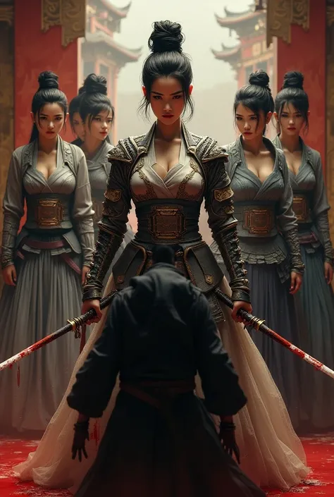 Hight quality, realistic, very beautiful woman shogun and female bodyguards, cut throat ninja, blood pooled