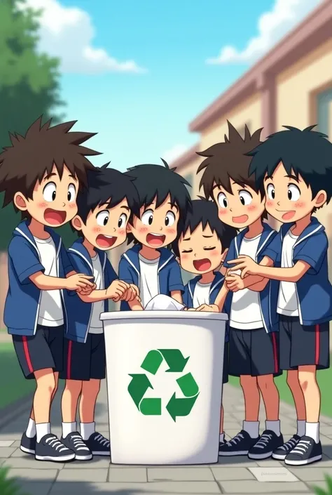 Several ren wearing the uniform white t-shirt ,  dark blue sweatshirt at school lining up to recycle paper in the white trash can with the recycling logo animated image 