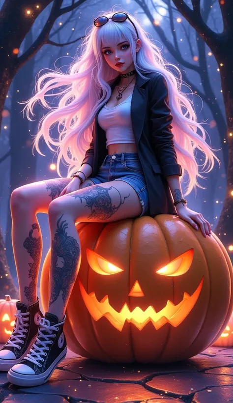 drawing anime cartoon , photo of a woman sitting on a giant pumpkin, ((  woman with long white hair ,blue,ผมblue, i'm moving. , ...