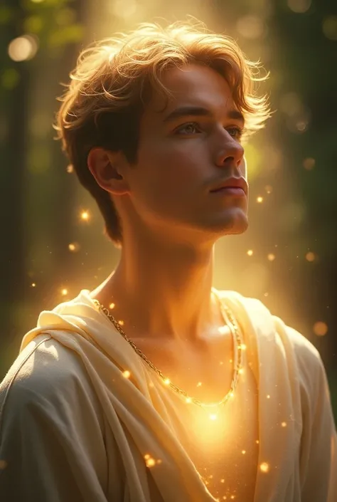 God has now connected the heart to that God. A glowing image of the young man, his face serene and peaceful, as if spiritually transformed. A divine light radiates around him, symbolizing his connection with God.
