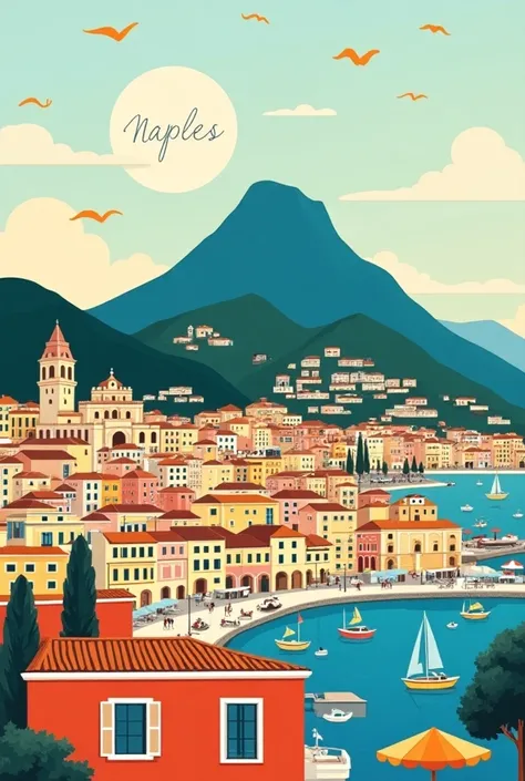 Colourful flat illustration poster representing the city of Naples in Italy with the main symbols of the city in very bright colors 