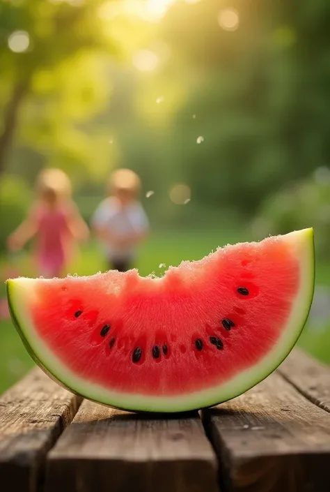 A slice of watermelon on a summer picnic table, with the vibrant pink flesh and black seeds gleaming, while s play in the background.