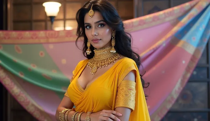 "8k,  Camera Woman covered in gold jewelry from head to toe,  sexy 30-year-old Indian girl , mulheres indianas de  BIG BREASTS,  large size legs , pimple on forehead , real women, realistic background,  Sari Indian tampul multicolored , green, rosa, blue, ...