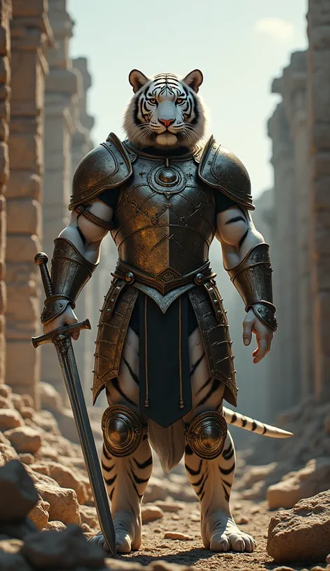 An ultra-realistic image of a muscular white tiger dressed in medieval armor walking, with a powerful physique and defined abs. The Tiger  holds a powerful sword showing his bold personality. The background features the rubble of Romes coliseum with dramat...