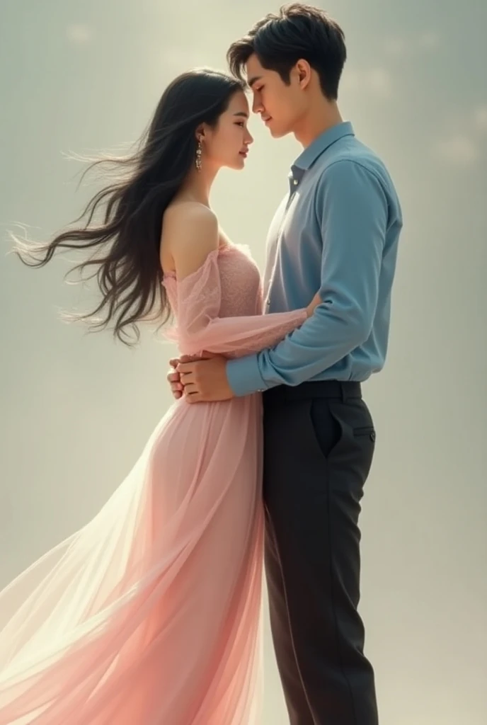 A beautiful Thai woman with black hair wearing a pale pink dress and a teardrop skirt, standing next to a handsome Thai man, a blue shirt, black trousers. 