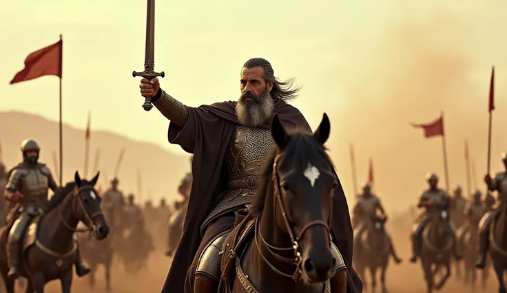 Commander Hormoz, with a fierce face, black-and-white beard, and thin mustache, confidently rides a horse amidst a fierce battle. Clad in a long dark robe and shiny chainmail armor, he raises his sword to the sky, leading the Persian troops into combat. In...