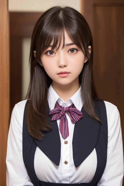 masterpiece, Best Quality, One Girl, ( beautiful girl with high breasts, cute:1.3), (:1.3),  definition of very fine particles, (Symmetrical eyes:1.3), (stage), ( Japanese high school girl uniform:1.3), Beautiful breasts,  Brown Eyes ,  split bangs , Brown...