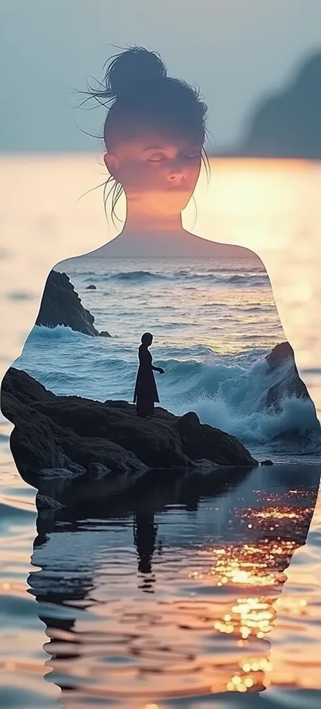 high quality, 8K Ultra HD, A beautiful double exposure that combines an goddess silhouette with sunset coast, sunset coast should serve as the underlying backdrop, with its details incorporated into the goddess , crisp lines, The background is monochrome, ...