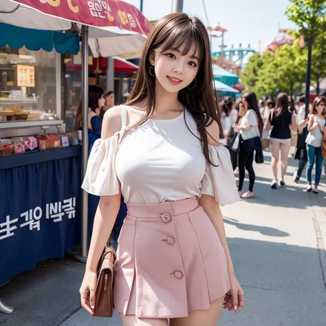 laughing out loud，Korean Style Fashion Wear，date attire，The skirt shows fluffy curvature，Carrying a cute bag，knee shot,  background is a daytime amusement park，1 female, light brown hair, blunt bangs, hair behind ears, Shoulder length hair, long hair, Slen...