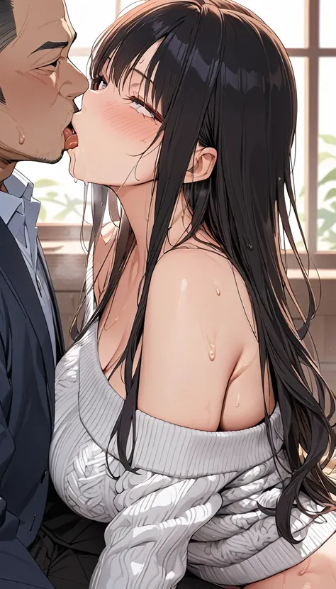 nsfw,bust up Focus,side view,High quality,Ultra-high resolution,High-definition illustrations,Masterpiece,extremely detailed,highres,,hetero couple,(married sexy milf is glossy lips is lust),off shoulder sweater,in heat,saliva,sweat,Medium breasts,moist sk...