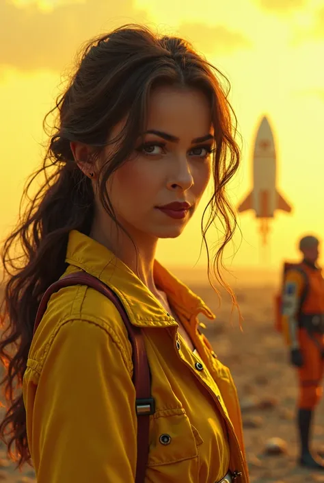 1 woman,  hyperrealistic  ,   High quality, beautiful, elegant,   brown hair, black eyes, in post-apocalyptic clothes in shades of yellow   , in a zombie apocalypse , with red ,    with a spaceship taking off from Earth in the background,    looking forwar...