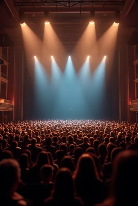 A large audience looking at the empty stage waiting for the show to begin , ultra realistic image, Fotografia realística cores padrão de luminárias fortes no teto  de palco 8k com luzes iluminando High resolution ,  High resolution , Necessary, HD model,  ...