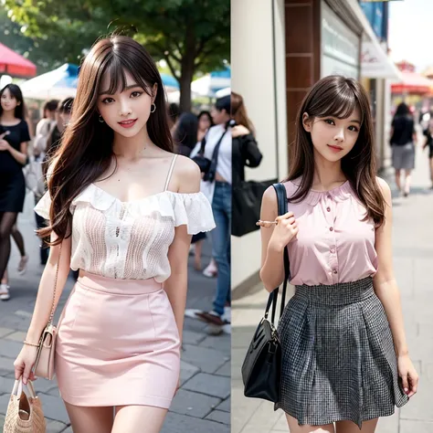 laughing out loud，Stylishly wear ，date attire， skirts to show off showy radiance，Carrying a cute bag，knee shot,  background is a daytime amusement park，1 female, light brown hair, blunt bangs, hair behind ears, Shoulder length hair, long hair, Slender body...