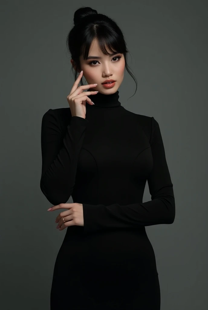 Create a realistic profile picture of a beautiful woman with dark hair and eyes. She is wearing a black high-neck midi dress with long sleeves, styled with an elegant and minimalist bun, and her bangs are pinned back. The background is gray, and the image ...