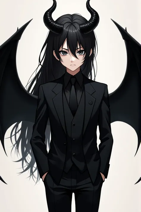 A boy anime version horns long black demon pants black eyes black eyes a black wing in a sexy suit looks forward seriously 