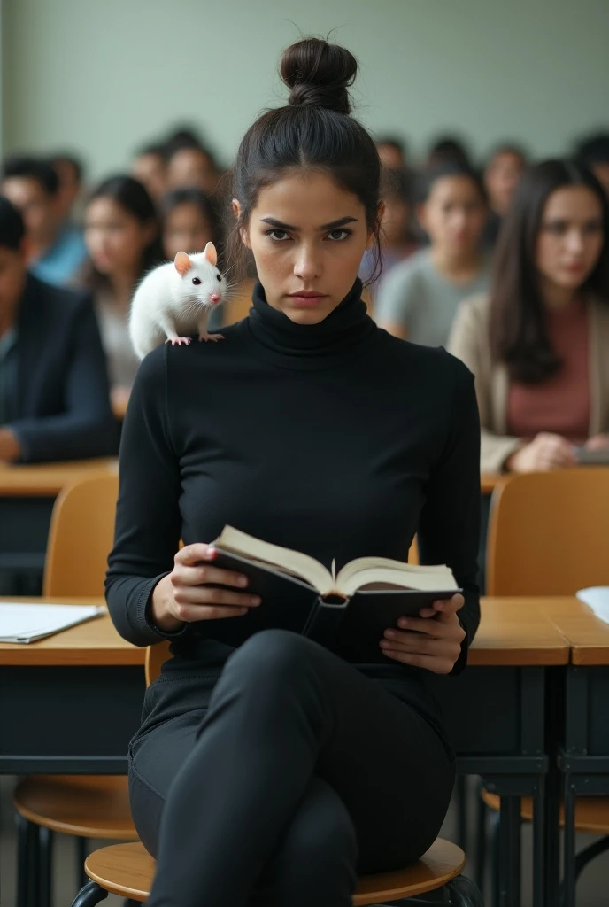 A Nepali girl, who has her hair tied up in a hair bun, she is wearing a black turtleneck, a black pants and black boots. The girl wears no make up and is mature, she is 26 years old. She has an angry look on her face. 

Shes sitting in her universitys clas...