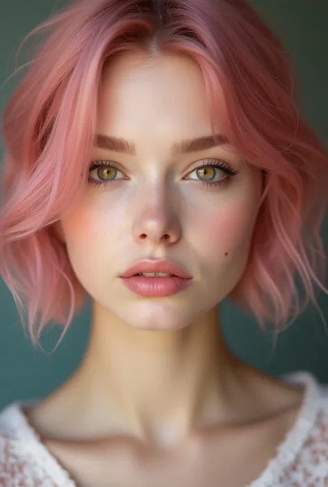 " Generate a 4k photograph of the face of a young woman of approximately 23 years,  with symmetrical features and white skin , The photograph must be 100 % realistic, honey colored eyes, pink short hair, She has a small mole on her left cheek "