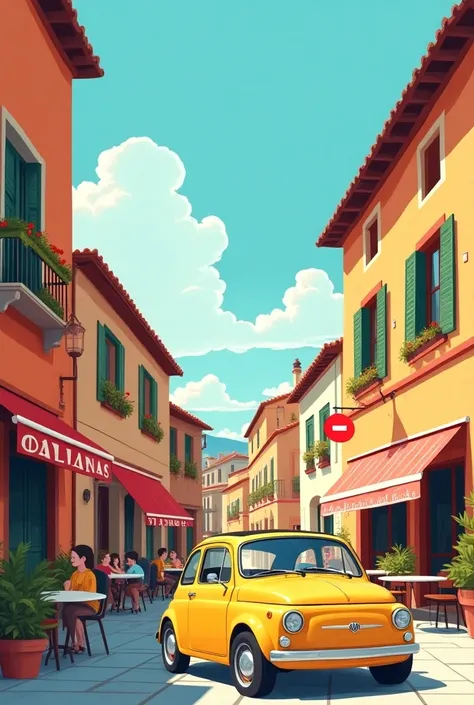 Affiche illustration flat colorée représentant une ville en Italie avec les principaux symboles de lItalie comme les pâtes, la pizza, la Fiat 500 dans des couleurs très vives 