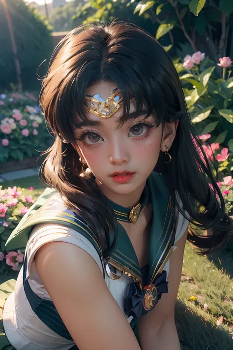 (Extreme Detail CG Unity 8K wallpaper, masterpiece, highest quality), (exquisite lighting and shadow, highly dramatic picture, cinematic lens effect), (Sailor Moon: 1.4), delicate facial features, charming smile, star eyes, ((dark green hair)), tight top, ...