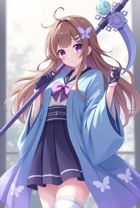  Make a character in the style of the anime kimetsu no yaiba with the features : loose brown hair with a butterfly clip with a heart wing behind the hair ,uniform with skirt , white stockings , kimono half blue half lilac with butterfly detail with heart w...