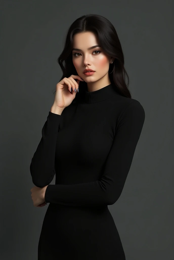 Create a realistic profile picture of a beautiful woman with dark hair and eyes. She is wearing a black high-neck midi dress with long sleeves, with her elegant hair styled down and tucked behind her ear. The background is gray, and the image should captur...