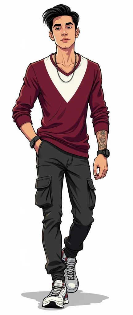 Cartoon style in 2D adult male ,comic book style,  illustrating a fair-skinned young man without a beard and without mustaches with an oval face, round brown eyes, smooth black hair with volume and arched eyebrow., thin mesh body and thin waist ,tall with ...