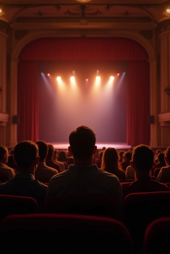 An attentive audience several people looking at the empty stage waiting for the show to begin  , ultra realistic image, Fotografia realística cores padrão de luminárias fortes no teto  de palco 8k com luzes iluminando  High resolution  ,   High resolution ...