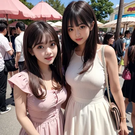 laughing out loud，Stylishly wear ，date attire， skirts to show off showy radiance，Carrying a cute bag，knee shot,  background is a daytime amusement park，1 female, light brown hair, blunt bangs, hair behind ears, Shoulder length hair, long hair, Slender body...