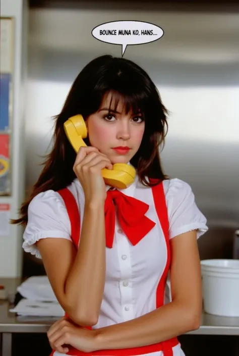 this is a photograph depicting a woman named phoebe in a vintage-style waitress outfit, standing in what appears to be a diner o...