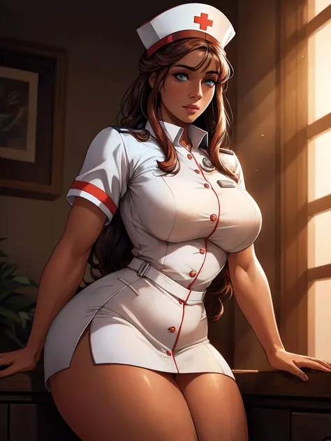 a beautiful nurse with deep neckline, very short skirt, thick thighs, wearing nurse's outfit and hat, (best quality,4k,8k,highre...