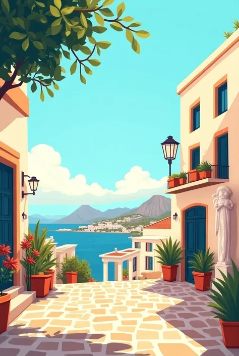 Affiche illustration flat colorée représentant une ville en Grèce avec les principaux symboles de la Grèce comme les olives, le tatziki, les statues grecques dans des couleurs très vives 