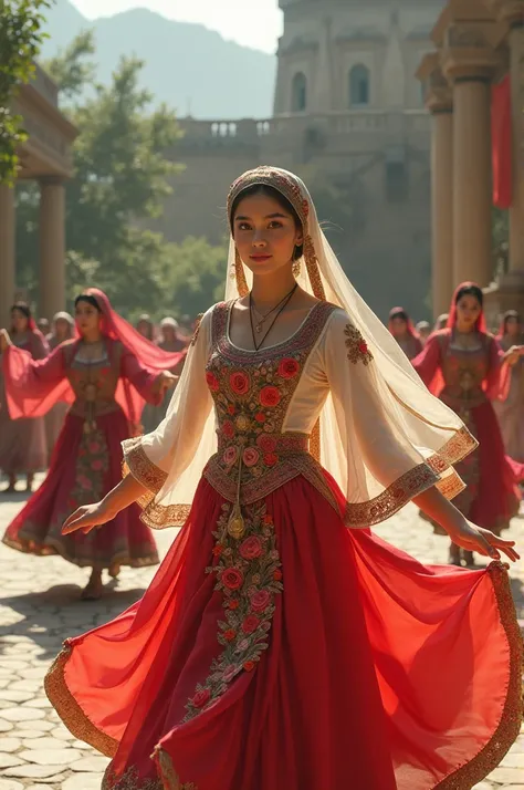 A beautiful girl in traditional flower costume dancing in the historic iran withe scarf with her friends