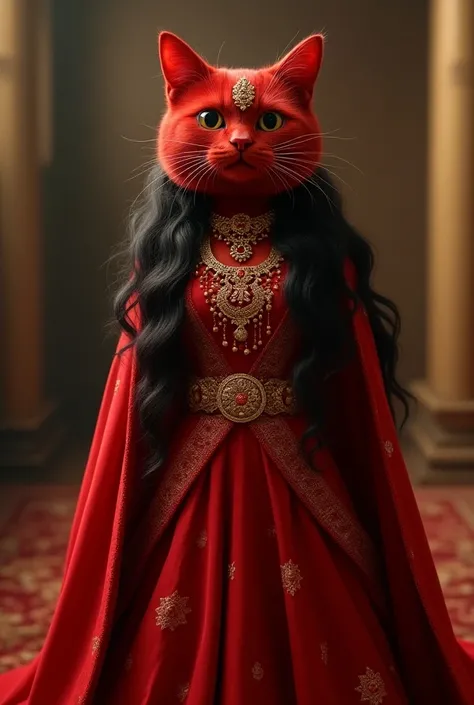 "A red-colored cat standing in a bridal outfit, wearing a maang tika, necklace, and earrings. The cat has long black hair and is gazing like a heroine, striking a confident bridal pose. The overall look is elegant and glamorous, resembling a bride ready fo...